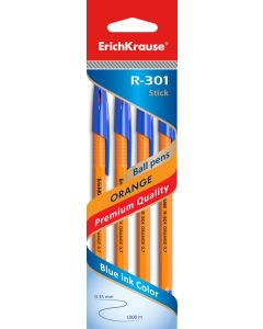 Ballpoint pen R-301 Orange Stick 0.7, 4 blue in hang hole pack