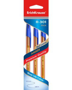 Ballpoint pen R-301 AMBER Stick 0.7, 3 blue in hang hole pack