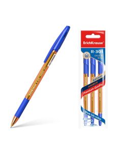 Ballpoint pen R-301 AMBER Stick&amp;Grip 0.7, 4 blue in hang hole pack