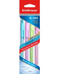Ballpoint pen R-301 SPRING Stick&amp;Grip 0.7, 4 blue in hang hole pack