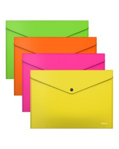Plastic envelope with button A4 Glossy Neon, opaque, 4colours assorted