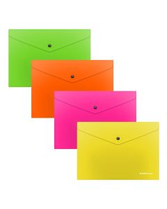 Plastic envelope with button A5+ Glossy Neon, opaque, 4 colours assorted