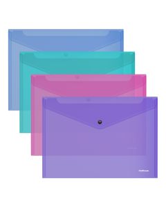Plastic envelope with button A4 Glossy Vivid transparent, 4colours assorted