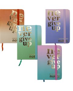 Märkmik A7 80 lehte joon, Never Give Up kummiga kõva kaas, 4disaini