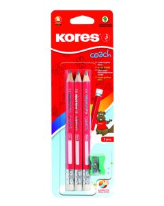 Harilik pliiats kolmnurkne kummiga KORES Coach HB, lühike, teritaja, 3tk riputuspakis