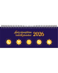 Astroloogiline lauakalender 2026, tumesinine kaas kuldsete sodiaagimärkidega – Sulemees