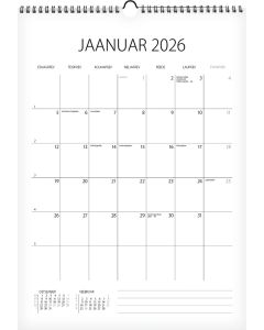 Memokalendri leht jaanuar 2026, minimalistlik mustvalge kujundus, spiraalköide riputusaasaga, märkmeread all. Sulemees.