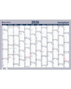 Sulemees 2026. aasta seinaplakat Aastaplaan, kõik 12 kuud tumesinistes veergudes, riigipühad punaselt, valge taust.