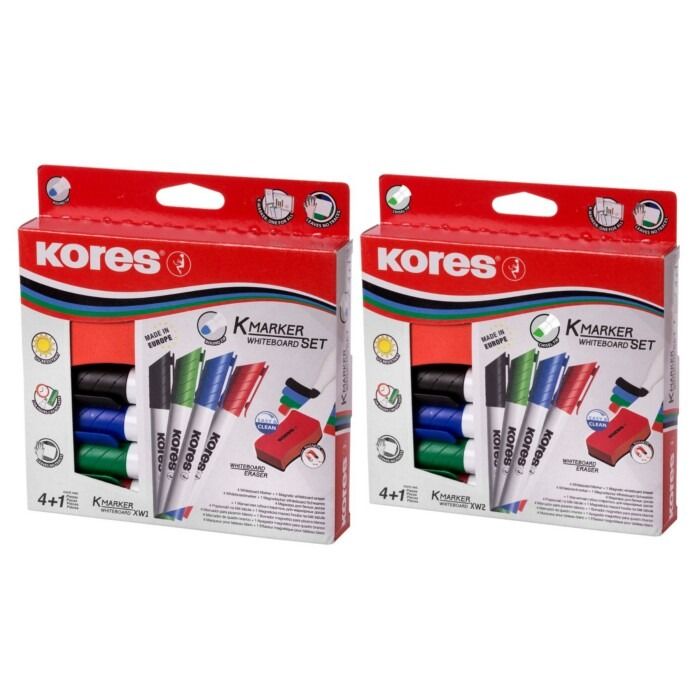 Valge tahvli markeri komplekt KORES XW1, 4 värvi + puhastaja