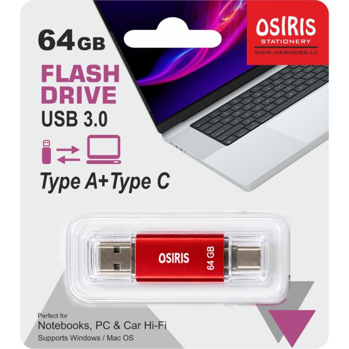 Mälupulk Osiris 3.0 64GB, Type A+Type C, riputuspakis