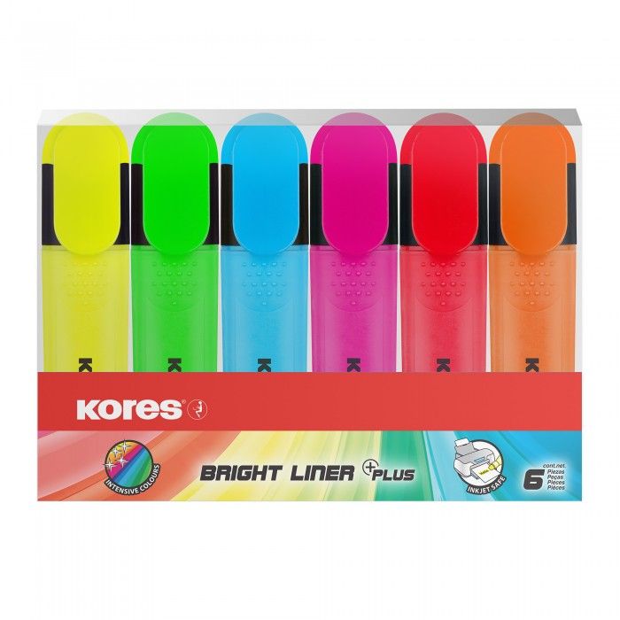 Tekstimarkeri komplekt 5,0mm KORES Bright Liner Plus, 6 värvi riputuspakis